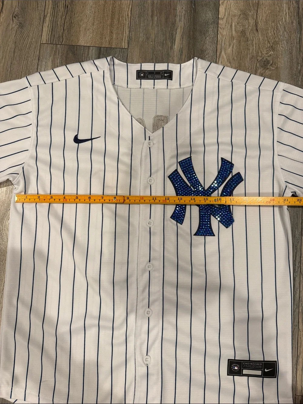 Nike White Pinstripe Yankees Jersey Custom with Blue Rhinestone Logo #99 #Rare